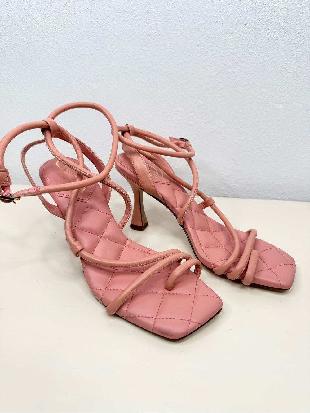 Sam Edelman Maven Sandals Womens 8 Pink Salmon Quilted Square Toe Strappy Heel